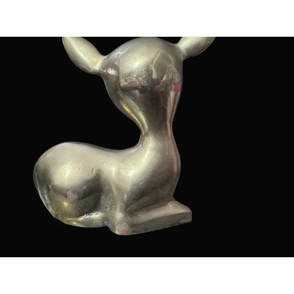 Solid Brass Reclining Deer Fawn Figurines Set of 2 Mid Century Modern MCM